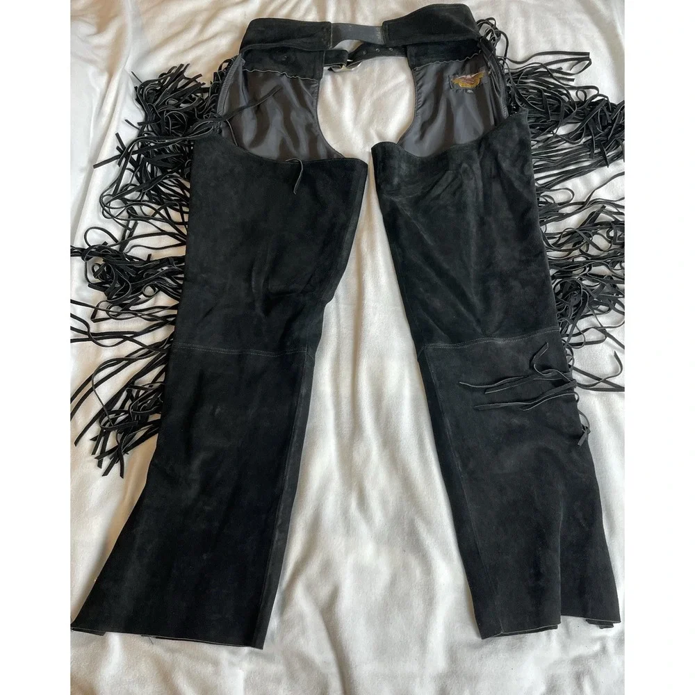 Harley Davidson Black Leather Chaps‎ with Fringe - Picture 12 of 13
